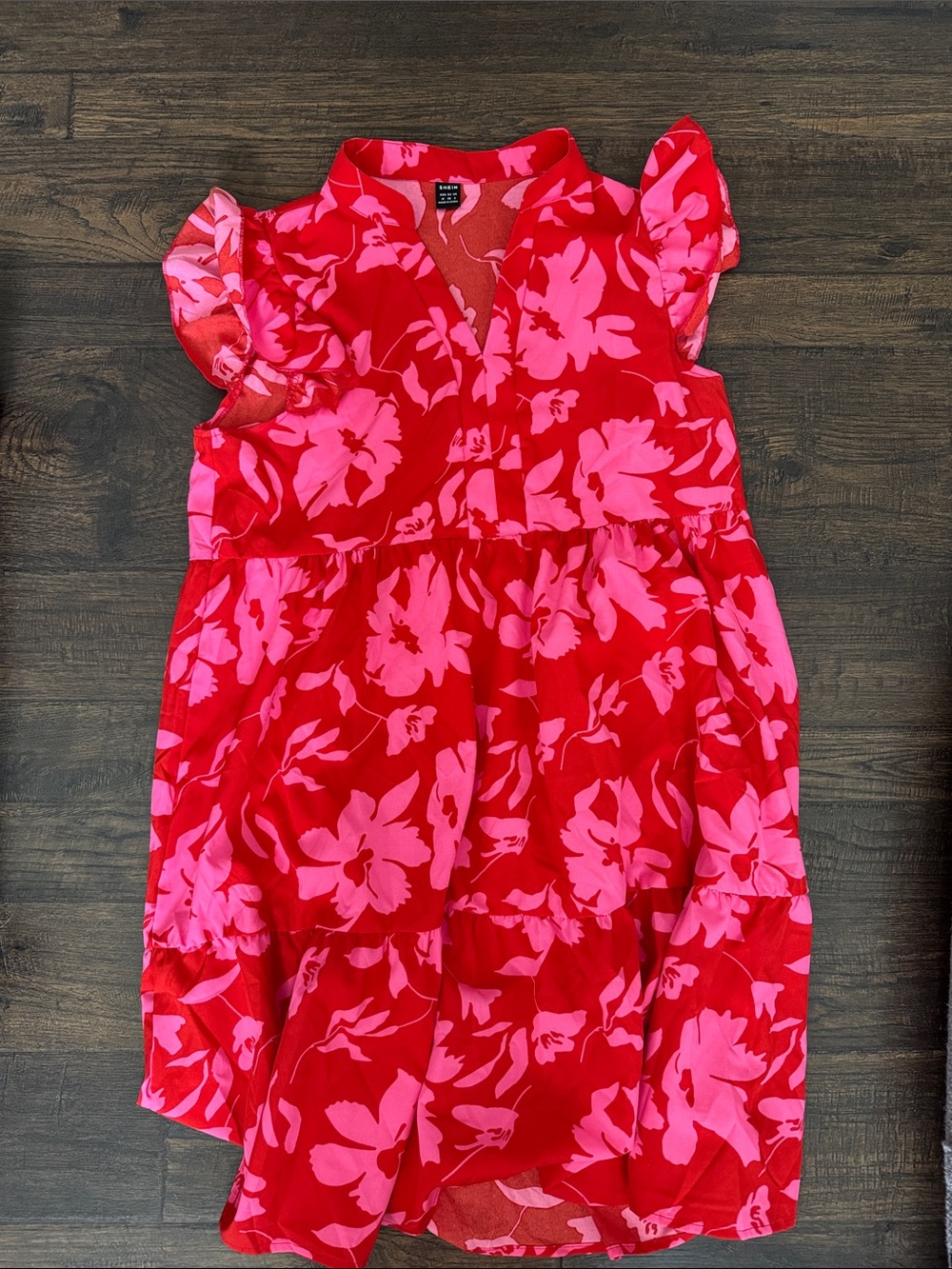 SHEIN Red & Pink Floral Flutter Sleeve Dress